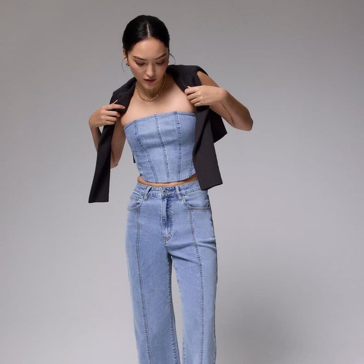 denim tube top outfit