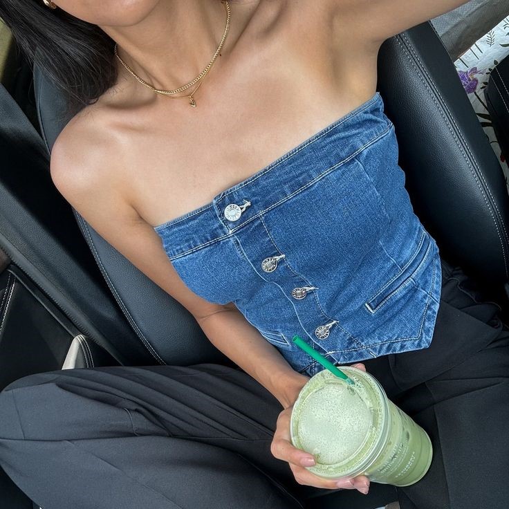 denim tube top outfit