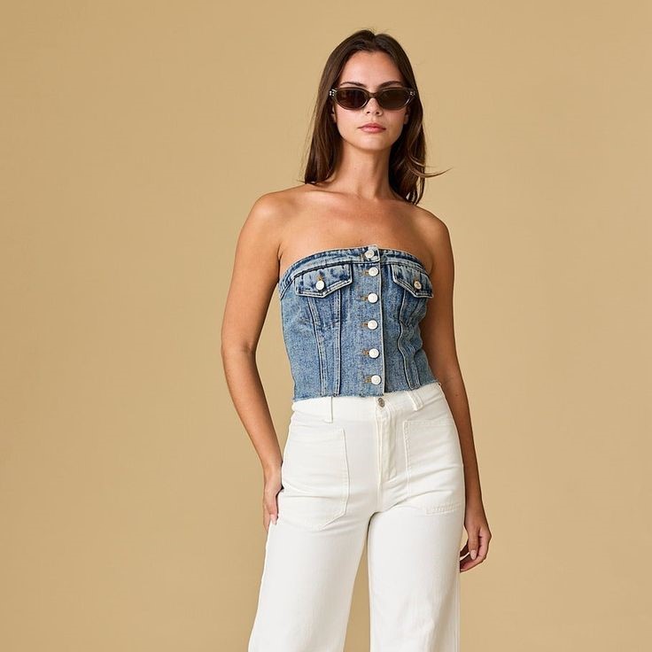 denim tube top outfit