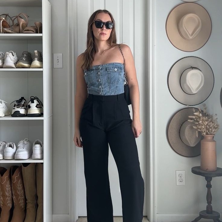 denim tube top outfit